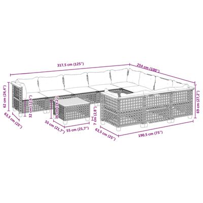 vidaXL 11-daļīgs dārza dīvāna komplekts, matrači, melna PE rotangpalma