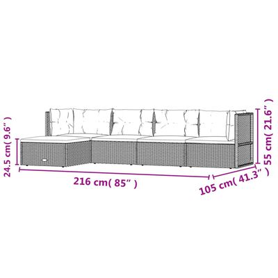 vidaXL 5-daļīgs dārza mēbeļu komplekts ar matračiem, PE pinums, melns