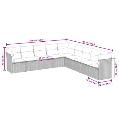 vidaXL 9-daļīgs dārza dīvāna komplekts, matrači, brūna PE rotangpalma