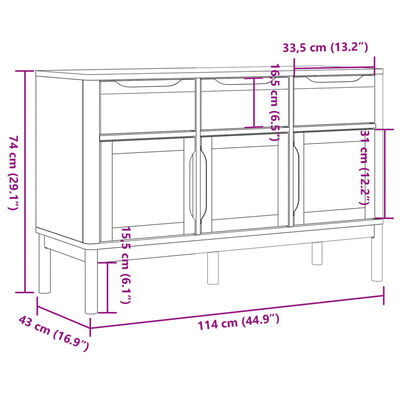 vidaXL kumode FLORO, balta, 114x43x74 cm, priedes masīvkoks