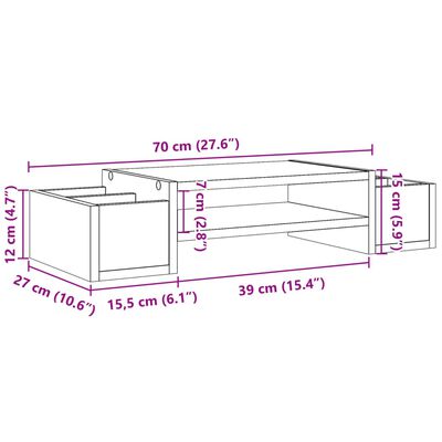 vidaXL monitora paliktnis ar plauktu, ozola krāsa, 70x27x15 cm