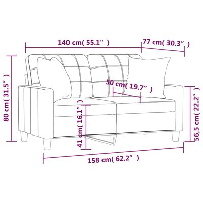 vidaXL divvietīgs dīvāns, spilveni, vīnsarkans, 140 cm, mākslīgā āda