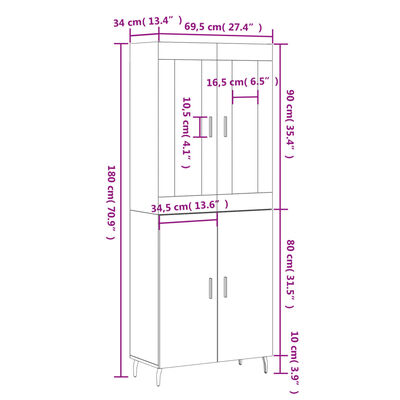 vidaXL augstais skapis, melns, 69,5x34x180 cm, inženierijas koks