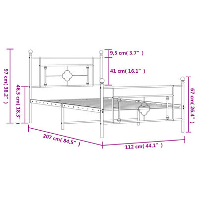 vidaXL gultas rāmis ar galvgali un kājgali, melns metāls, 107x203 cm