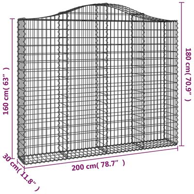 vidaXL arkveida gabiona grozi, 6 gb., 200x30x160/180cm, cinkota dzelzs