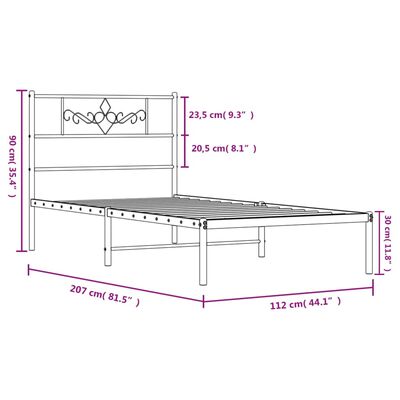 vidaXL gultas rāmis ar galvgali, balts metāls, 107x203 cm