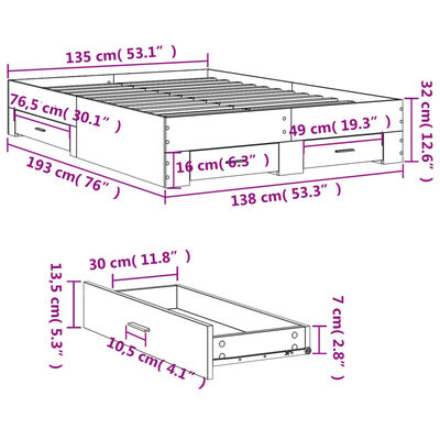 vidaXL gultas rāmis ar atvilktnēm, melns, 135x190cm, inženierijas koks