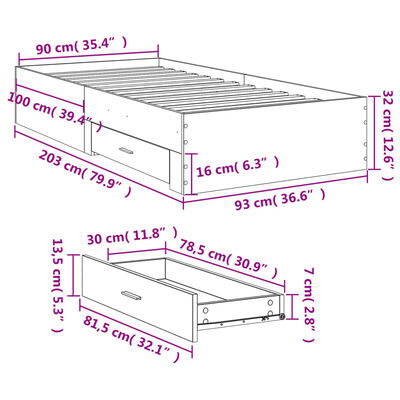 vidaXL gultas rāmis ar atvilktnēm, ozola, 90x200 cm, inženierijas koks