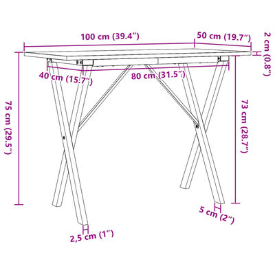 vidaXL virtuves galds, X-rāmis, 100x50x75 cm, priedes koks, čuguns