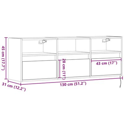 vidaXL TV sienas skapītis ar LED lampiņām, melns, 130x31x45 cm