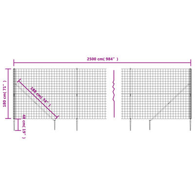 vidaXL stiepļu žogs ar zemes mietiņiem, antracītpelēks, 1,8x25 m