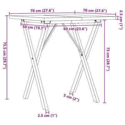 vidaXL virtuves galds, X-rāmis, 70x70x75,5 cm, priedes koks, čuguns