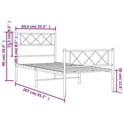 vidaXL gultas rāmis ar galvgali un kājgali, balts metāls, 80x200 cm