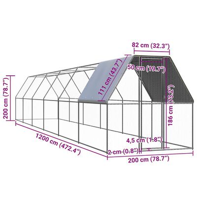 vidaXL vistu būris, 2x12x2 m, cinkots tērauds