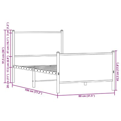 vidaXL gultas rāmis bez matrača, metāls, 75x190 m, ozolkoka imitācija