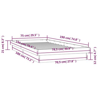 vidaXL gultas rāmis, LED, 75x190 cm, vienvietīgs, masīvkoks