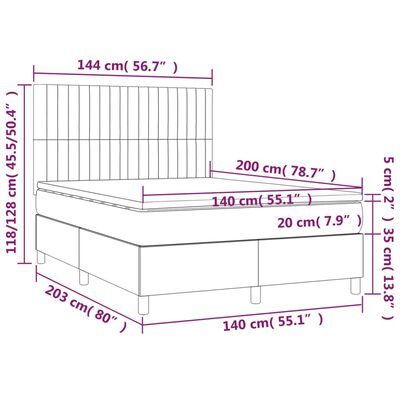 vidaXL atsperu gulta ar matraci, LED, tumši brūns audums, 140x200 cm