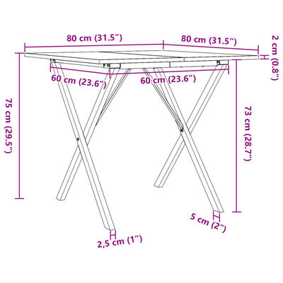 vidaXL virtuves galds, X-rāmis, 80x80x75 cm, priedes koks, čuguns