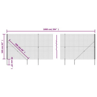 vidaXL stiepļu žogs ar zemes mietiņiem, antracītpelēks, 1,6x10 m