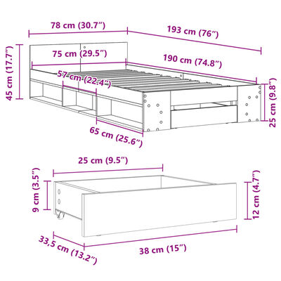 vidaXL gultas rāmis ar atvilktni, brūns, 75x190 cm, inženierijas koks