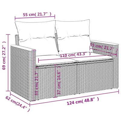 vidaXL 11-daļīgs dārza dīvāna komplekts ar matračiem, pelēks PE pinums