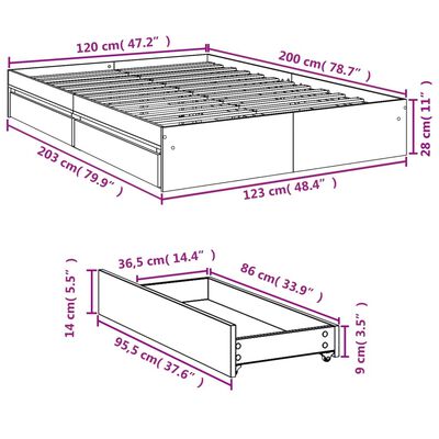 vidaXL gultas rāmis ar atvilktnēm, pelēka ozola, 120x200 cm