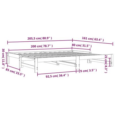 vidaXL izvelkama gulta, melna, 2x(80x200) cm, priedes masīvkoks