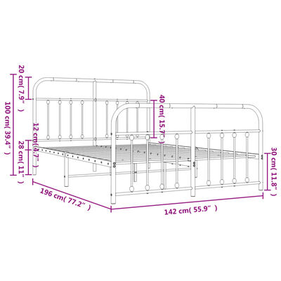 vidaXL gultas rāmis ar galvgali un kājgali, balts metāls, 135x290 cm