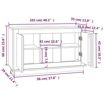 vidaXL kumode, pelēka ozolkoka, 102x35x60 cm, inženierijas koks