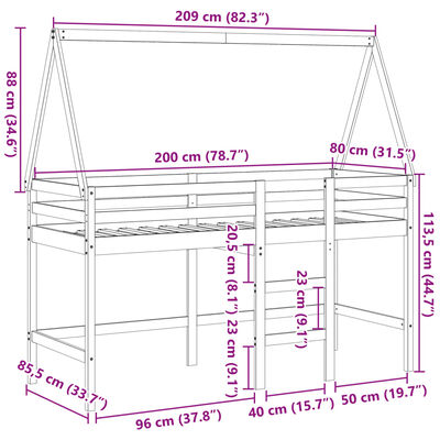 vidaXL augstā gulta ar jumtu, balta, 80x200 cm, priedes masīvkoks