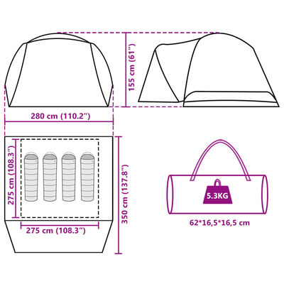 vidaXL kempinga telts ar lieveni 4 personām, zaļa, ūdensnecaurlaidīga