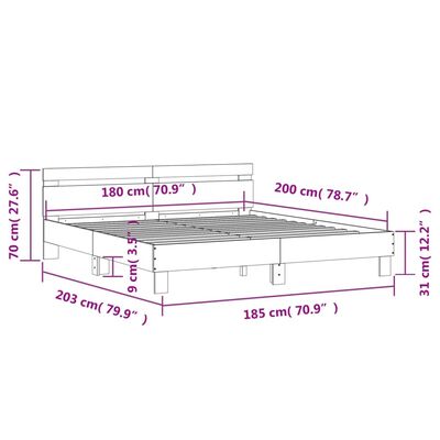 vidaXL gultas rāmis ar galvgali un LED, pelēka ozola krāsa, 180x200 cm