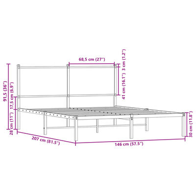 vidaXL gultas rāmis ar galvgali, brūna ozola metāls, 140x200 cm