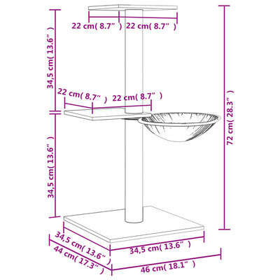 vidaXL kaķu māja ar sizala stabiem nagu asināšanai, 72 cm, pelēka