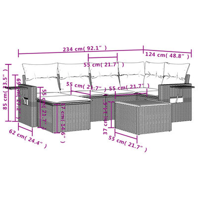 vidaXL 7-daļīgs dārza dīvāna komplekts, matrači, bēša PE rotangpalma