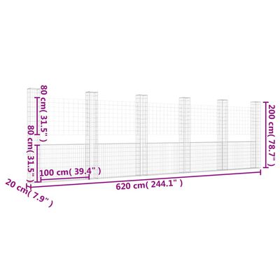 vidaXL gabionu siena ar 6 stabiem, U-forma, dzelzs, 620x20x200 cm