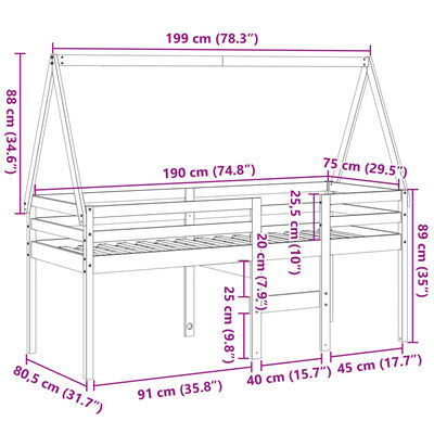 vidaXL augstā gulta ar jumtu vaska brūnas 75x190 cm priedes masīvkoks