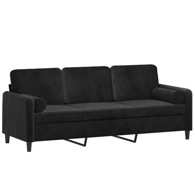 vidaXL trīsvietīgs dīvāns ar spilveniem, melns, 180 cm, samts