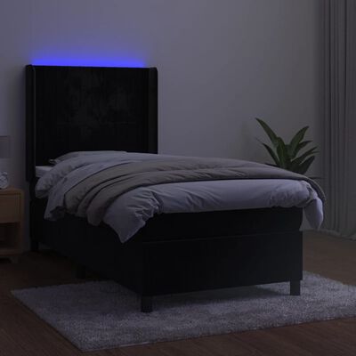 vidaXL atsperu gulta ar matraci, LED, melns samts, 90x200 cm