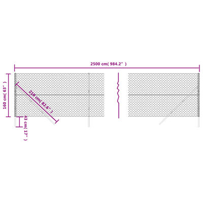 vidaXL stiepļu žogs, 1,6x25 m, pelēks