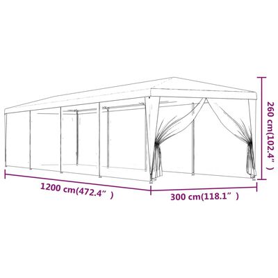 vidaXL svinību telts, ar 10 sieta sienām, 3x12 m, zila, HDPE