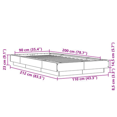 vidaXL gultas rāmis ar LED, pelēka koka, 90x200 cm, inženierijas koks