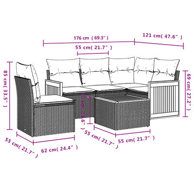 vidaXL 6-daļīgs dārza dīvāna komplekts, matrači, melna PE rotanpalma