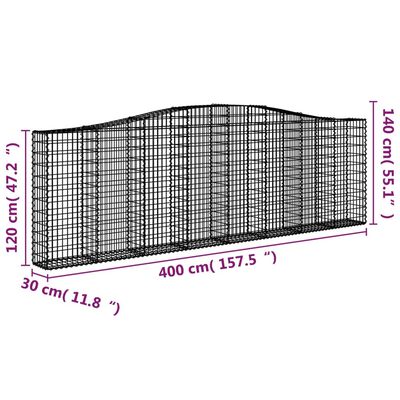 vidaXL arkveida gabiona grozs, 400x30x120/140 cm, cinkota dzelzs