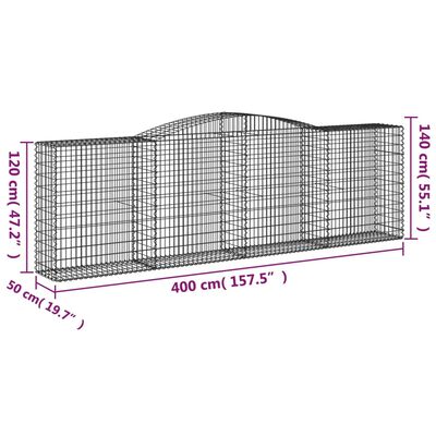 vidaXL arkveida gabiona grozs, 400x50x120/140 cm, cinkota dzelzs