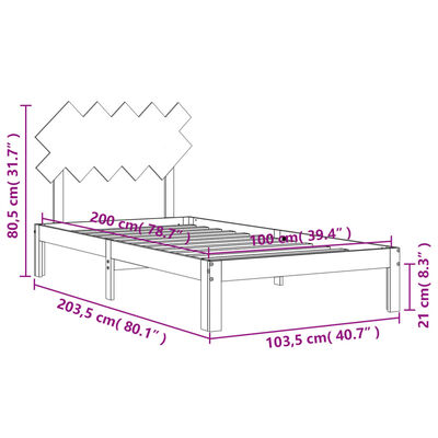 vidaXL gultas rāmis ar galvgali, 100x200 cm, masīvkoks, balts