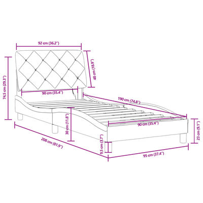 vidaXL gultas rāmis ar LED, tumši pelēks, 90x190 cm, samts