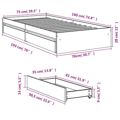 vidaXL gultas rāmis ar atvilktnēm, pelēka ozola, 75x190 cm