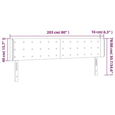 vidaXL gultas galvgalis ar LED, 203x16x78/88 cm, tumši pelēks samts