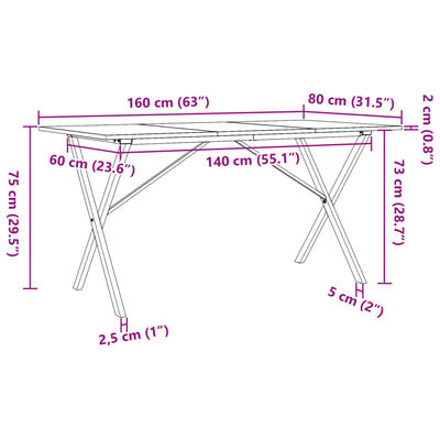 vidaXL virtuves galds, X-rāmis, 160x80x75 cm, priedes koks, čuguns